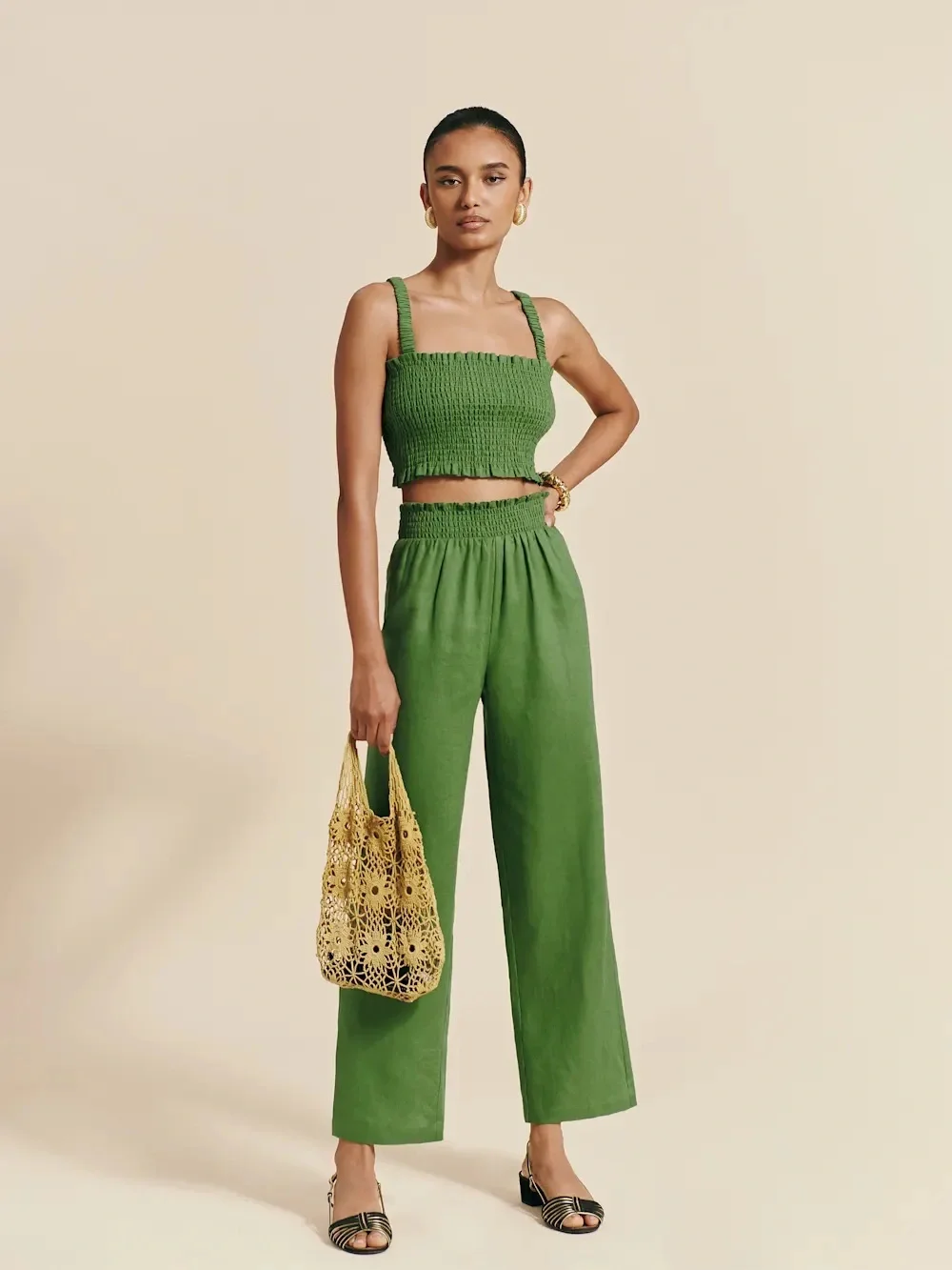 NWT REFORMATION Vera Linen two piece pant set in “avocado” green